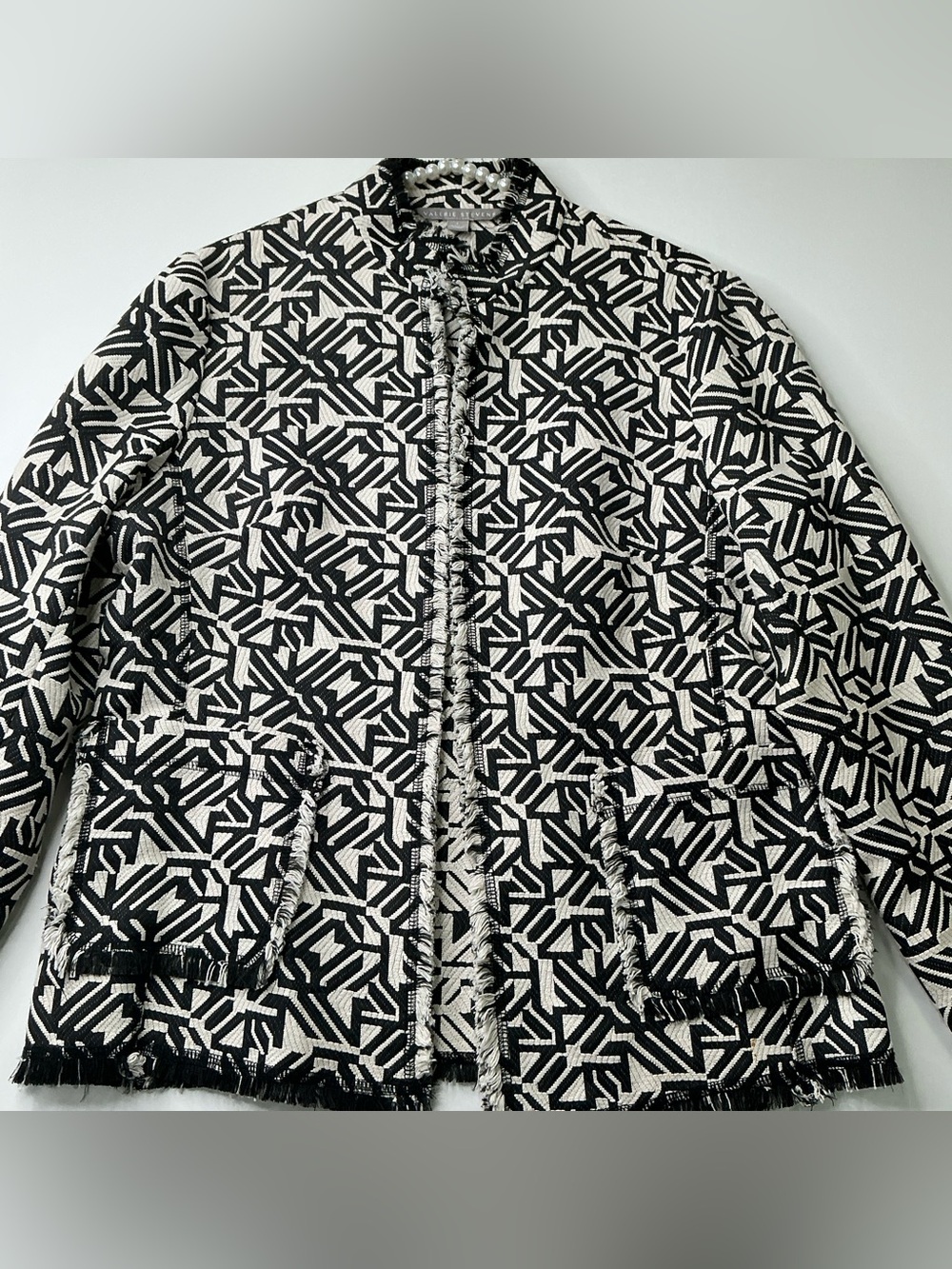 Valerie Stevens Womens Open Jacket Black White Frayed Trim Boho Sz L Preowned